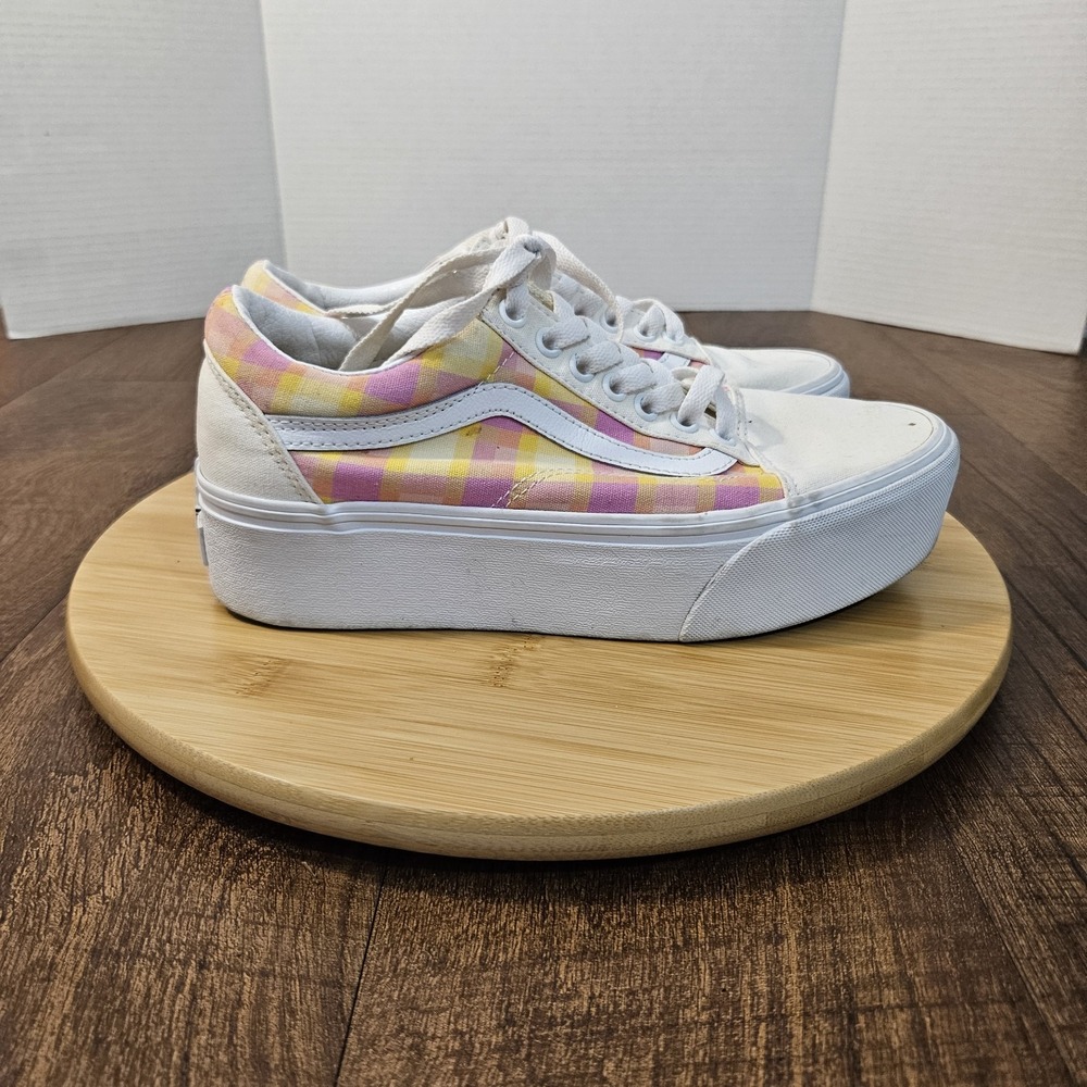 Vans Old Skool Stackform Platform Sneakers Womens Size 8 Pink Pastel Plaid Low